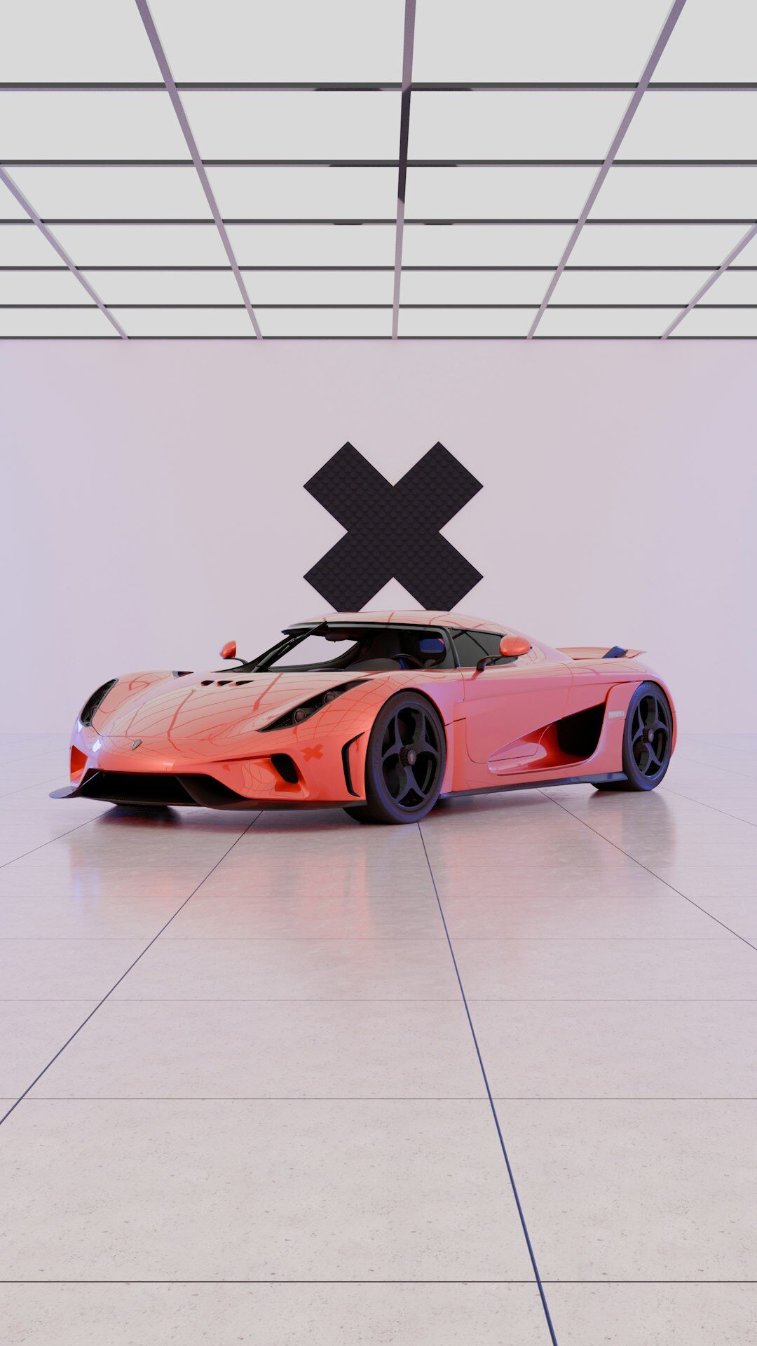 Futuristic hypercar photographed on a dark reflective studio floor